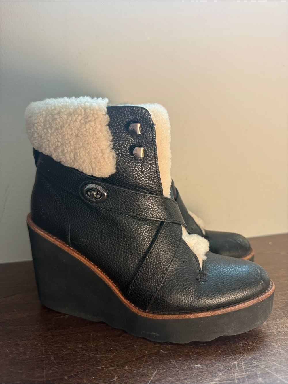 Coach Black Kenna Leather Wedge Booties with Cream Shearling size 7.5
